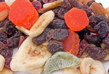 Closeup of dried fruit and nut mixture.