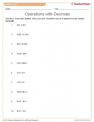 Operations with Decimals Quiz