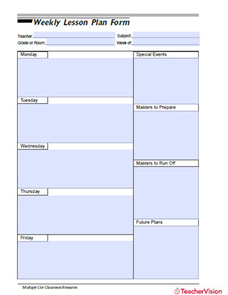 Weekly Lesson Plan Form from TeacherVision