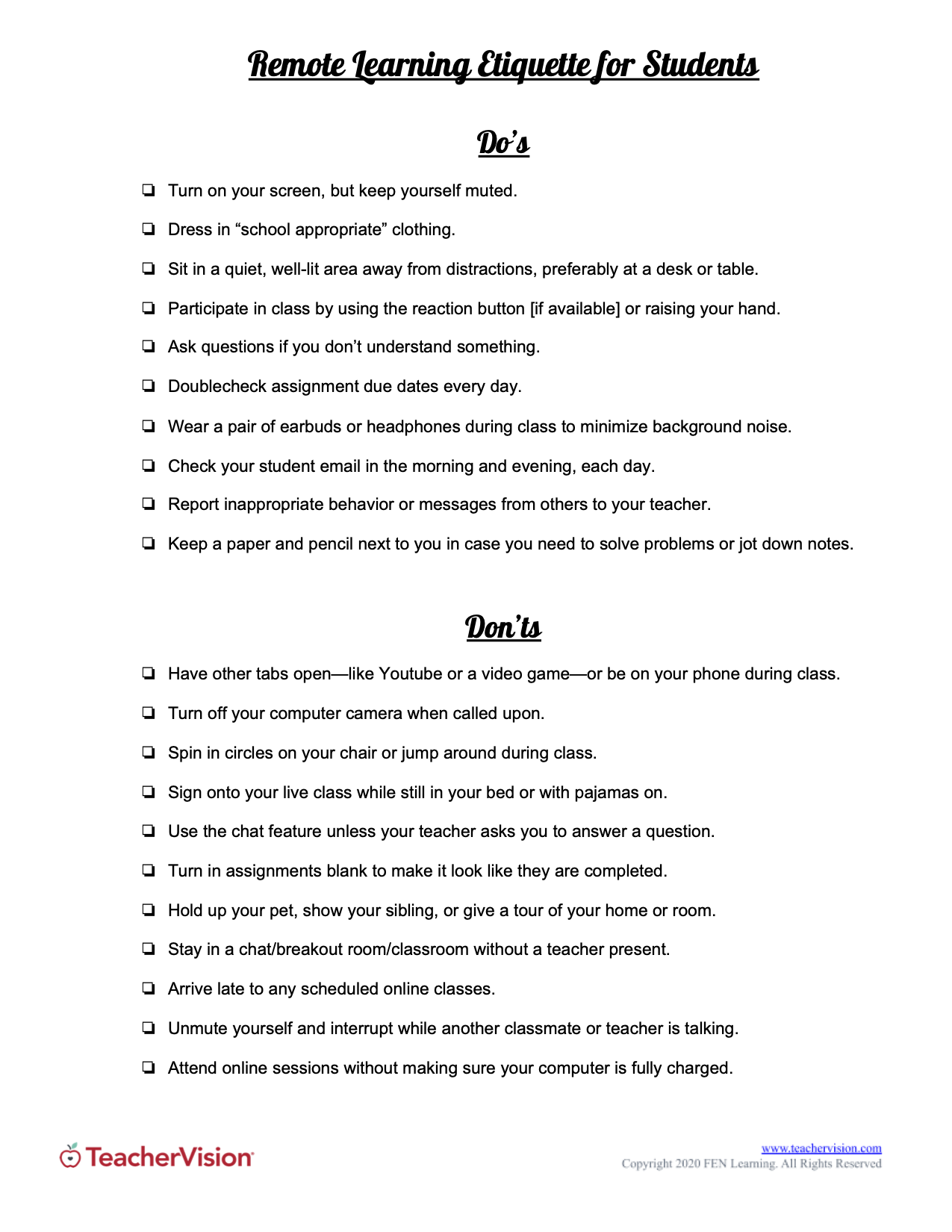 Etiquette list for remote learning