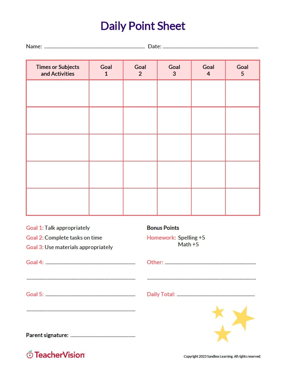 Daily Point Chart for Behavior Management
